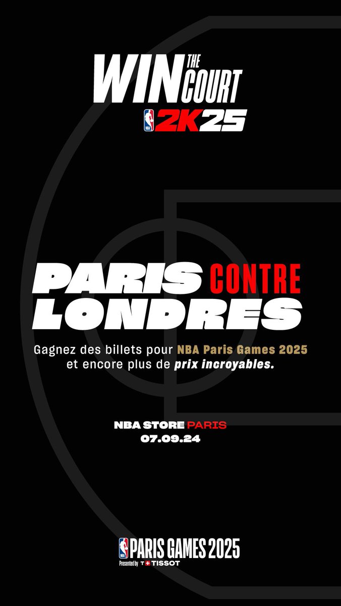 Rendez-vous au NBA Store Paris pour l’événement de lancement #NBA2K25 🔥

Rejoignez-nous cet après-midi pour affronter le NBA Store de Londres ! Si Paris l’emporte, vous aurez la possibilité de gagner des billets pour le NBA Paris Game 🎁

Et d’autres cadeaux sur place !