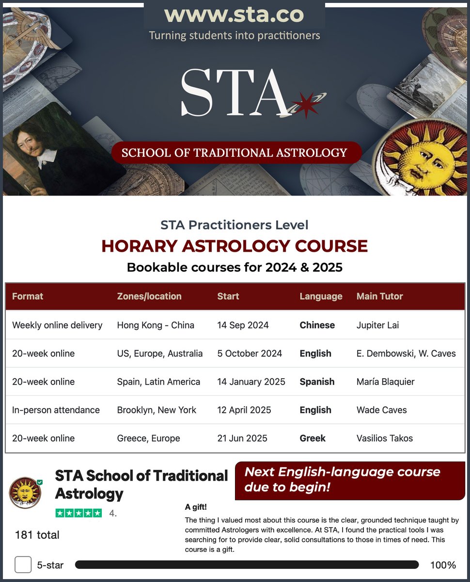 Last chance to book for the next English-language STA Horary Astrology Course, starting 5th October, 2024..
Details of all these courses available at sta.co/horary/