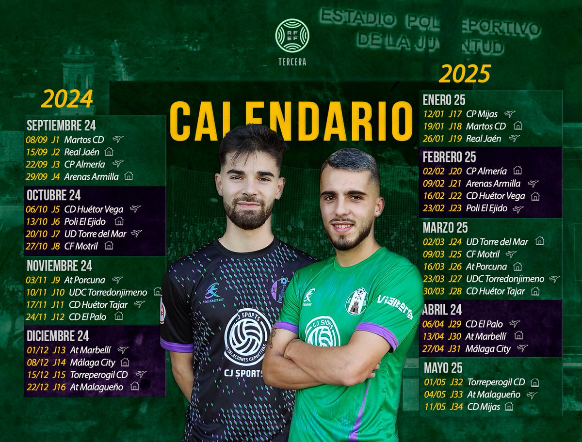 🔜 ¡Os recordamos que mañana comienza la liga 202⃣4⃣/2⃣5⃣! 🤩

📅 Aquí os dejamos el calendario de liga ⚽ . 

🚌 En la primera cita liguera visitamos al <a href="/MartosClubDptv/">Martos Club Deportivo</a>.

🏠 Cerraremos la liga regular recibiendo al <a href="/cdmijas/">Club Deportivo Mijas</a>.

#40AñosContigo 👫

#SomosManchaReal 💚💜

#YoSoyVerde