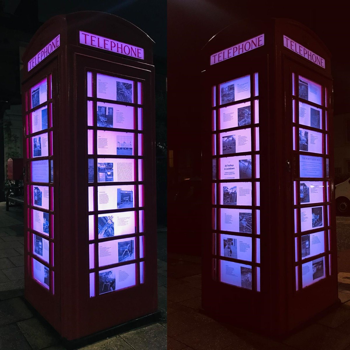 Must say I'm chuffed to have my photos in a PHONE BOX! After many years of photographing phone boxes, my first exhibition in one is pictures/sestudes of shopping trolleys, as part of <a href="/artwalkporty/">ArtWalk Porty</a>  artwalkporty.co.uk/art-walk-porty…
See them by day or by night...