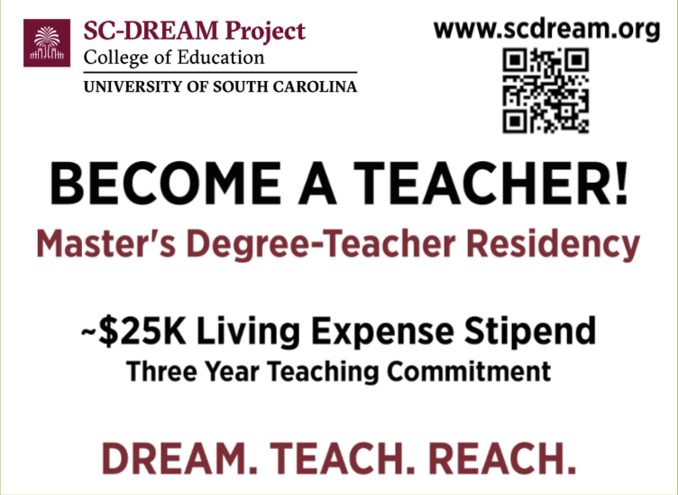 Are you looking for a teacher preparation pathway that removes barriers into the profession? SC-DREAM may be the answer!

#teacherresidency #richlandone #uofsceducation