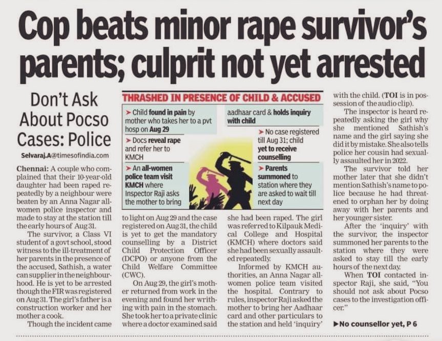 MeghUpdates's tweet photo. Horrific news from Cheenai, Tamilnadu 

-10 year old poor girl repeatedly raped!
-Rape is confirmed by doctors 
-When family goes to Police station - parents beaten up  infront of accused!
- instead of counselling victim- minor is threatened!
-No arrest of accused despite FIR! https://t.co/8pPQBhXYdM
