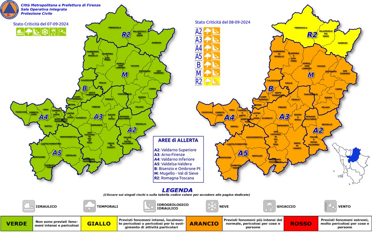 🟡🟠 #AllertaMeteoTOS

⛈️ #Temporale
⏰ #8settembre 

!! Possibili nubifragi violenti con cumulate importanti !!

#PCSesto #ProtezioneCivile #SestoFiorentino #Firenze #Arezzo #Grosseto #Livorno #Lucca #MassaCarrara #Pisa #Pistoia #Prato #Siena #7settembre
