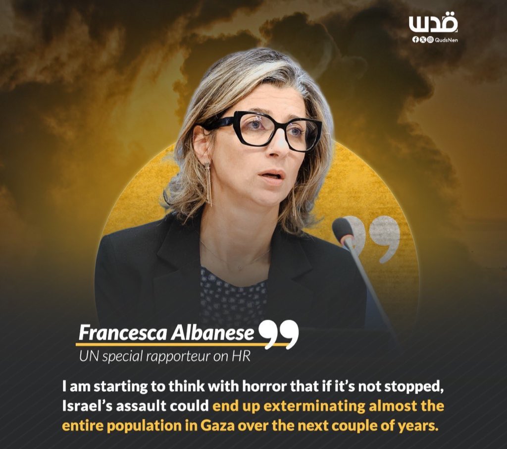 RT <a href="/swilkinsonbc/">Sarah Wilkinson</a> "The israelis are extending their genocide in Gaza: the future of more than 2 million Palestinians is at stake, says <a href="/FranceskAlbs/">Francesca Albanese, UN Special Rapporteur oPt</a> | <a href="/NickWil76898584/">Nick Wilkinson</a> "