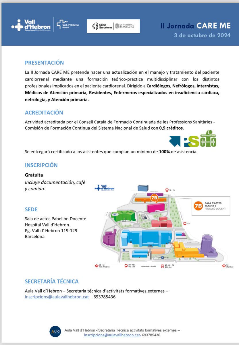 🚨 Falta menos de un mes para el II Care Me - Actualización en síndrome cardiorrenometabólico 
📌 3 Octubre en Hospital Vall d'Hebron
Toda la info 👇🏻