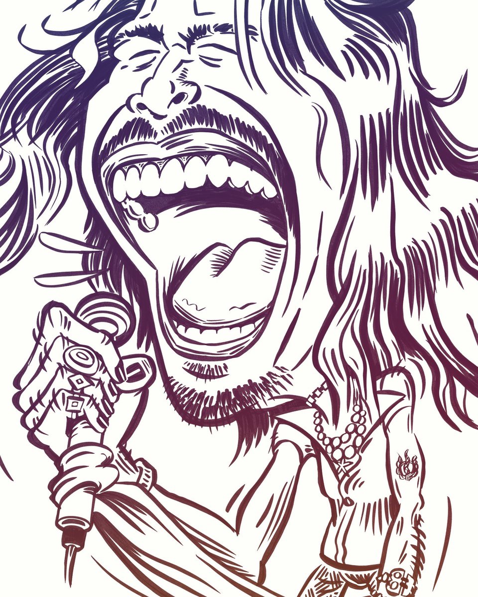 Wat een icoon! Ik zag #Aerosmith voor het eerst live begin jaren 90 in het Goffertpark. Setlists met louter hits. En #StevenTyler met z’n unieke stem al flikflakkend over het podium. Vandaag in de inkt gezet! 
#karikatuur #caricature #workum #rock #singer #zanger #rockband