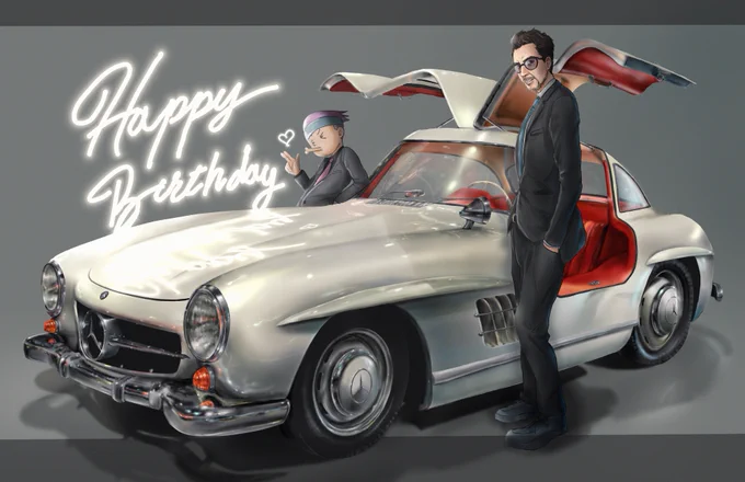 カーグラさん誕生日おめでとうッ 噂によるとカーグラさんロバート・ダウニー・Jr風なイケメンと聞いたことがあるので、渋い車とイケオジ2人を描いてみましたw 良い1年になりますように(³3³∫