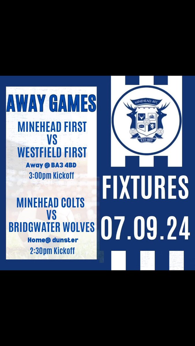 Minehead AFC (@afcminehead) on Twitter photo 2 away games with the first team away to <a href="/WestfieldFC/">πππππππππΏ ππΎ</a> and colts away to Bridgwater wolves β½οΈ 2 away games with the first team away to <a href="/WestfieldFC/">πππππππππΏ ππΎ</a> and colts away to Bridgwater wolves β½οΈ