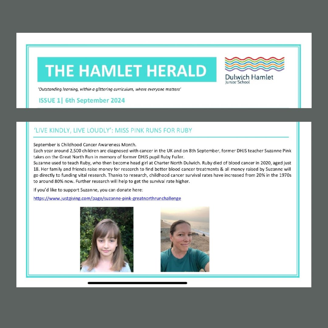 Thank you @Dulwichhamlet for sharing news of former teacher Suzanne Pink’s run for former pupil Ruby ❤️

Suzanne is taking part in the Great North Run tomorrow to raise money to improve childhood cancer survival rates 

➡️ justgiving.com/page/suzanne-p… 🙏

#ccam 🎗️#greatnorthrun