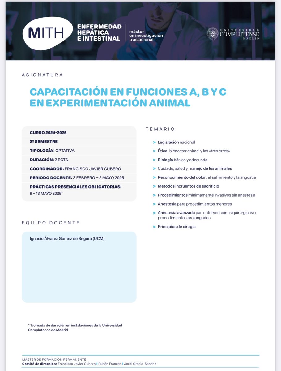 🔊 ¿ Sabías que cursando el máster MITH puedes obtener la capacitación para trabajar con modelos animales?

🔸 Docencia teórica online, adaptada a tus horarios
🔹 Prácticas presenciales en Madrid! 
🔸 Con el mejor profesorado de la UCM

Últimos días para realizar matrícula!