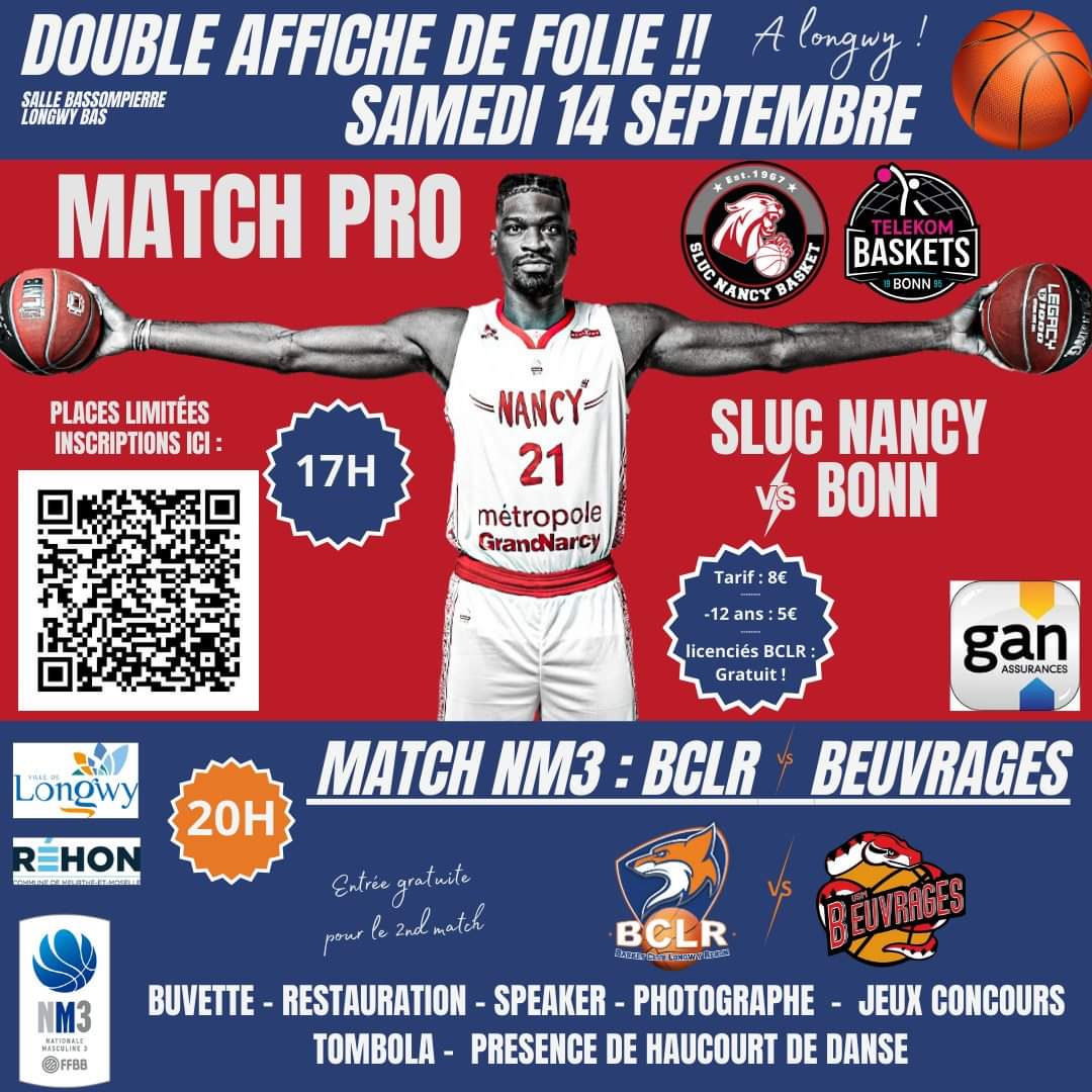 Samedi 14 septembre!
<a href="/SLUCbasketNancy/">SLUC Nancy Basket</a> vs <a href="/TelekomBaskets/">Telekom Baskets Bonn</a> 

Dernier match amical pour eux sur <a href="/Villedelongwy/">Ville de Longwy</a>