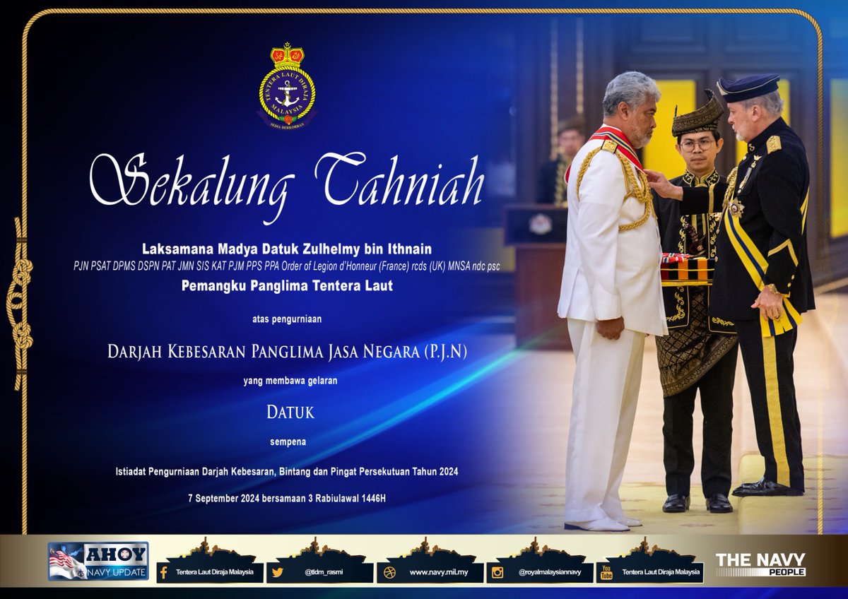 Seluruh warga Navy People mengucapkan setinggi-tinggi tahniah kepada Laksamana Madya Datuk Zulhelmy bin Ithnain atas pengurniaan Darjah Kebesaran Panglima Jasa Negara sempena Istiadat Pengurniaan Darjah Kebesaran, Bintang dan Pingat Persekutuan Tahun 2024.
#NavyWishes