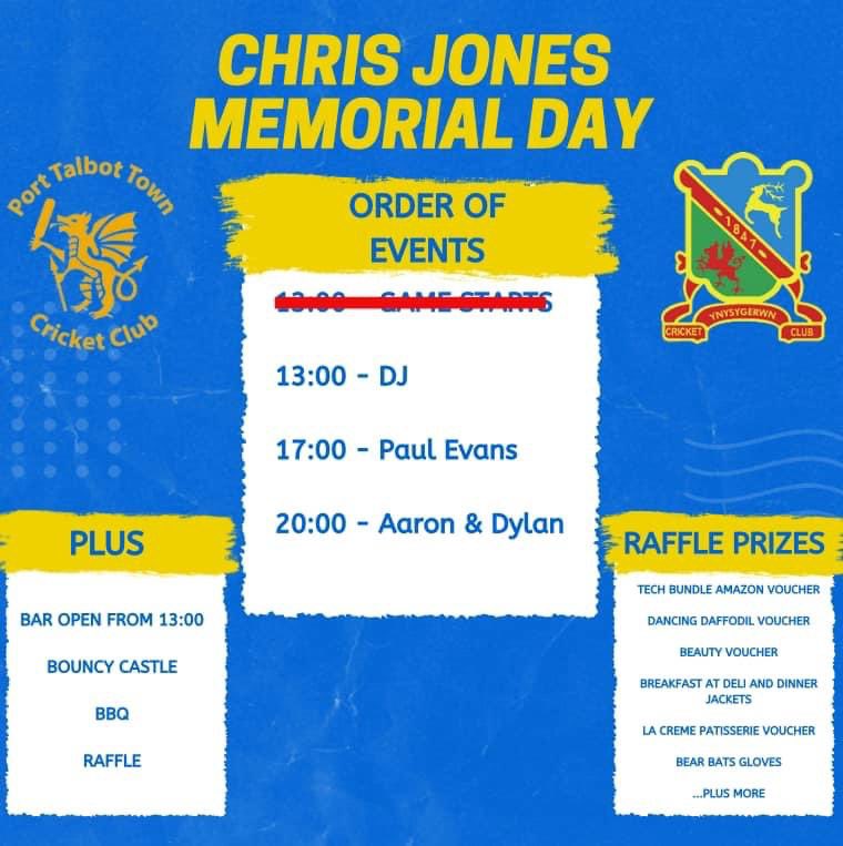 Unfortunately today’s match has been cancelled due to the bad weather. However we are still going ahead with the day with a DJ, BBQ, Bouncy Castle and Bands

Please come down and support the day to remember Chris🍻