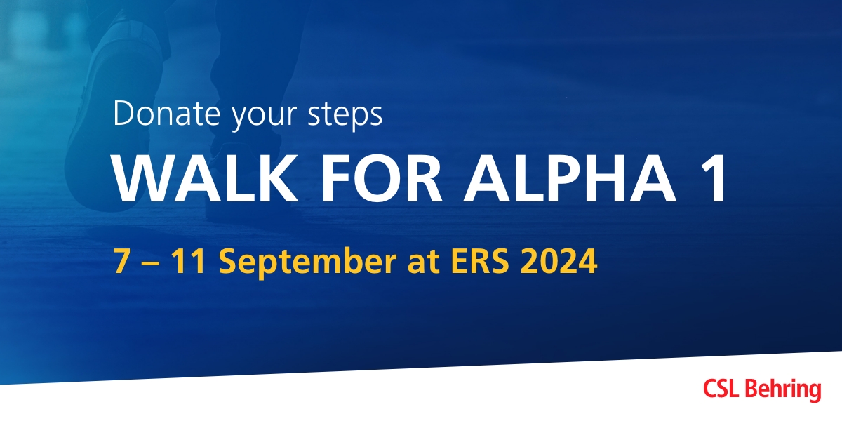 Donate your steps walked at #ERSCongress 2024 to raise awareness on the debilitating condition Alpha 1 Antitrypsin Deficiency for TEAM ALPHA-1 ATHLETE. Register at the #cslbehring booth or on walk-for-alpha1.com for the „Walk for Alpha 1“. Let‘s walk the extra mile together!