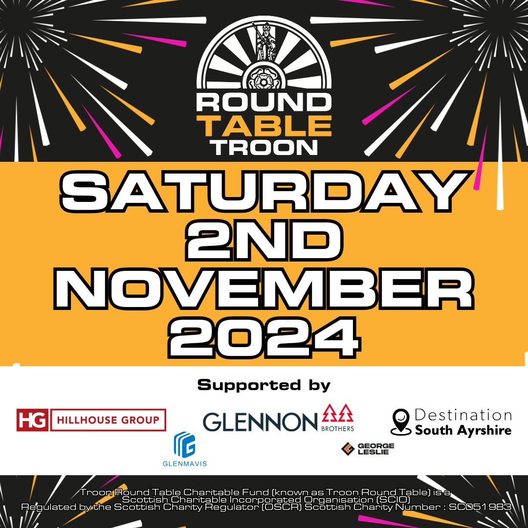 🎆 Mark your calendars! Join us for the Troon Round Table Fireworks Display on **Sat, 2nd Nov**. 🎇 Stay tuned for event updates here and on our website. See you there! #TroonFireworks #TroonRoundTable