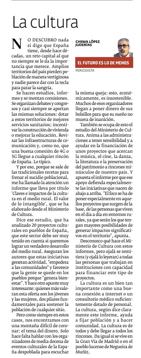 La cultura y su papel en la lucha contra la despoblación. De eso hablo en mi artículo en <a href="/elprogreso_Lugo/">El Progreso de Lugo</a>. 👇🏾