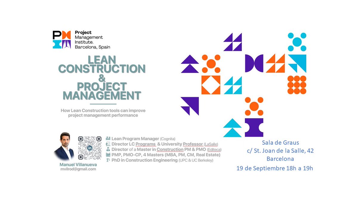📢"Lean Construction &amp; Project Management", una charla a cargo del phd Manuel Villanueva! 

📅 Jueves 19 de Septiembre de 2024
🕟 18:00h a 19:00h
📍 Sala de Graus La Salle BCN c/ St. Joan de la Salle, 42 Barcelona

Inscríbete 👉 lnkd.in/dGcRSj5E

#PMI #GestiónDeProyectos
