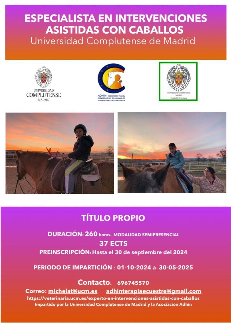 Macarena Hernández Jiménez (@makimhj) on Twitter photo Un año más, comenzamos con ilusión el Título de Especialista en Intervenciones Asistidas con Caballos. Siempre hacia una mejora en la calidad de vida de los pacientes #IACs #rehabilitación #ictus <a href="/unicomplutense/">Complutense</a> <a href="/VeterinariaUCM/">FVeterinariaUCM</a> Un año más, comenzamos con ilusión el Título de Especialista en Intervenciones Asistidas con Caballos. Siempre hacia una mejora en la calidad de vida de los pacientes #IACs #rehabilitación #ictus <a href="/unicomplutense/">Complutense</a> <a href="/VeterinariaUCM/">FVeterinariaUCM</a>