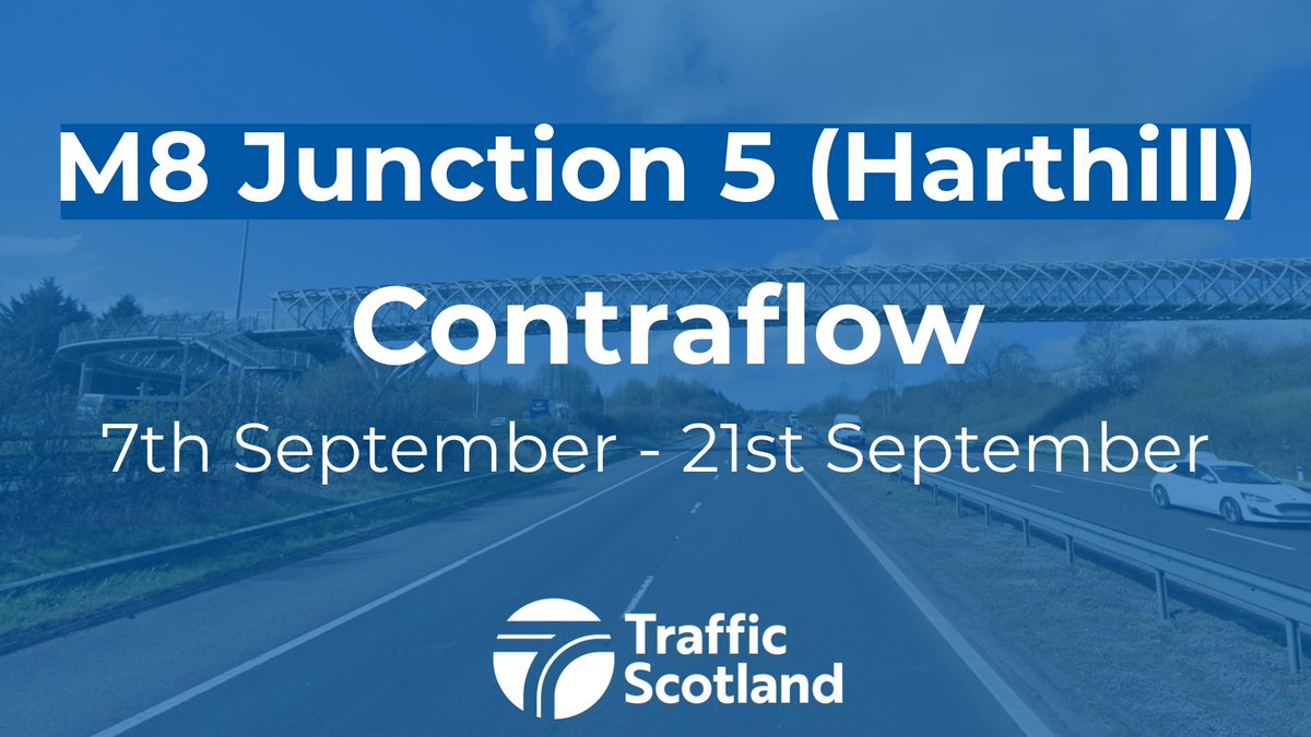 🚧 CONTRAFLOW🚧 

Saturday 7 September - Saturday 21 September

Westbound carriageway of the M8 will be closed between Junctions 5 and 4A with a contraflow arrangement in place on the eastbound carriageway.

More information can be found bit.ly/3TcRmj5
<a href="/SETrunkRoads/">BEAR SE Trunk Roads</a>