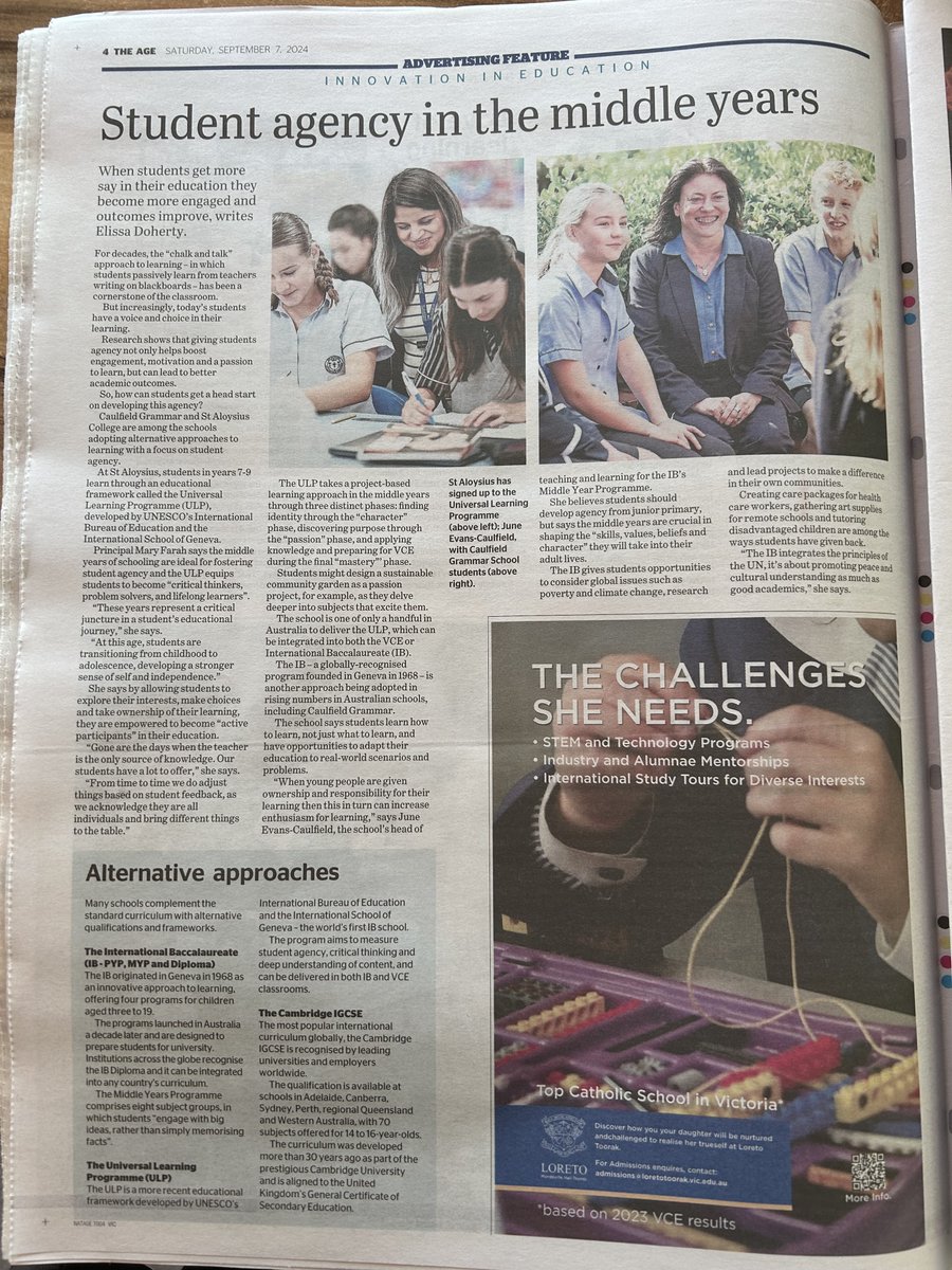 Thank you, The Age - Australian National Newspaper, Elissa Doherty, for recognising the value of innovative educational programmes #IB  #MYP #CaulfieldGrammarSchool