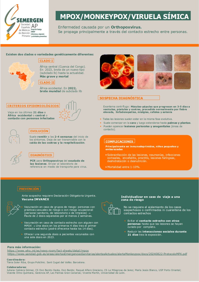 SEMERGENap's tweet photo. Desde el Grupo de Trabajo de Infecciones, Migrante, Vacunas y Actividades Preventivas IMVAP de SEMERGEN, te explicamos cómo actuar ante una sospecha o caso de MPOX / MonkeyPOX /Viruela Símica
Descarga: https://t.co/1q8Oew1xH2
¡Comparte!
#INFOGRAFÍA #MPOX https://t.co/h0VvVUnVWK
