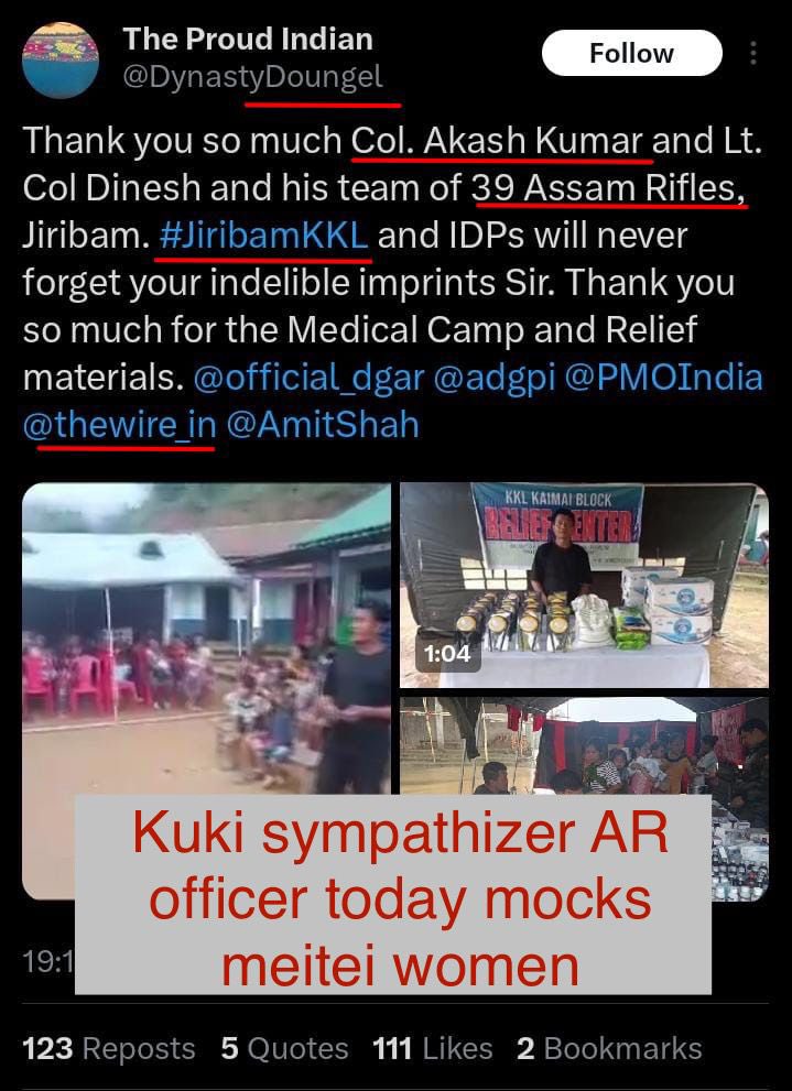 UnfilteredMnp's tweet photo. Col Akash of Assam Rifles 39 AR allegedly helped Kuki narco-terrorists occupy a Meitei area in June, resulting in a CRPF personnel's death. Today, he mocks our mother, disregarding our pain. 

#AssamRifles #JusticeForMeiteis #KukiNarcoTerrorism #CRPF #SaveManipur https://t.co/PApg5tmHay