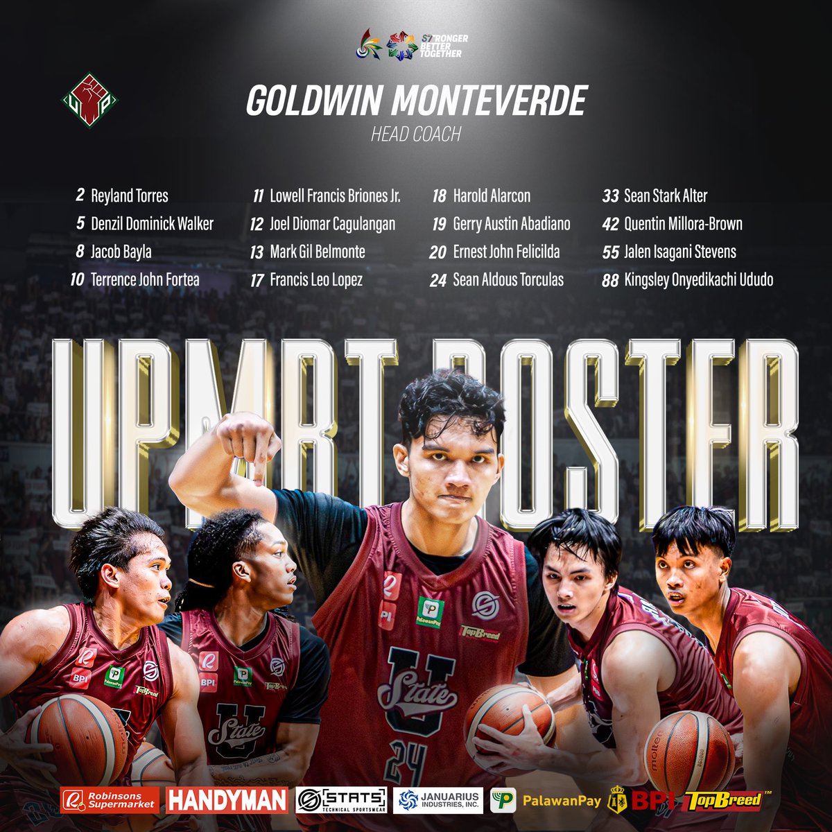 S87 MAROON SQUAD ✊🏻

Here is the official line-up of the UP Men's Basketball Team who are willing to do whatever it takes to redeem the title this UAAP Season 87.

Catch them live or at home via One Sports, UAAP Varsity Channel, and Pilipinas Live.