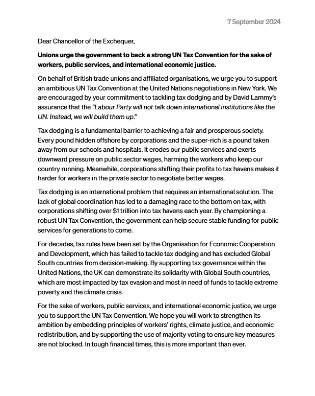 WarOnWant's tweet photo. ✊ 11 trade union leaders – representing 3.3 million people – are demanding the UK government back the #UNTaxConvention.

This bold new treaty could help tackle tax dodging by the super-rich and big corporations.

Now, will you ask your MP to back it?🧵👇https://t.co/dqHFurfI6s https://t.co/ru6fXHJfW8