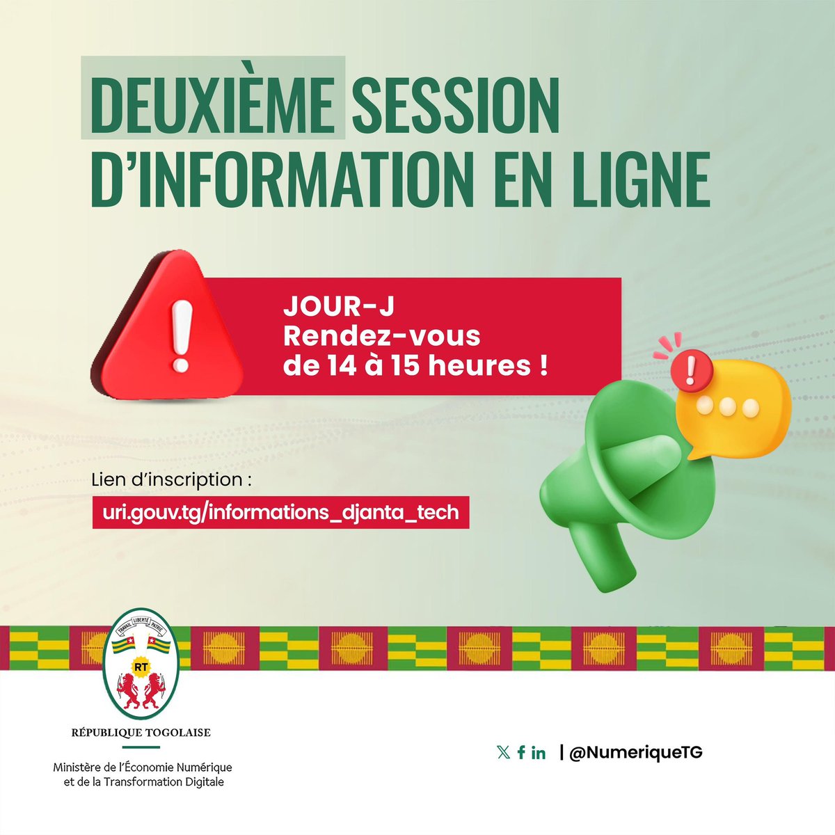 La session d'information sur le Djanta Tech Hub et les postes à pourvoir avec Co creation Hub (cchub.africa) débute dans quelques heures. Marquez le rendez-vous dans vos agendas. 

🕚 Heure : 14 - 15 H GMT
🪢 Inscrivez-vous via : uri.gouv.tg/informations_d…

⏰Pour rappel,