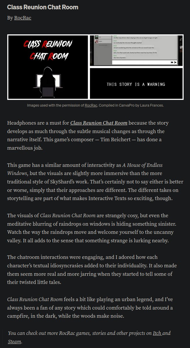 Our game "Class Reunion Chat Room" was featured in Laura's article "Chasing Chills through Digital Storytelling", among other great games!

Make sure to check it out, it's really well put together!

medium.com/theuglymonster…

#HorrorGame | #VisualNovel