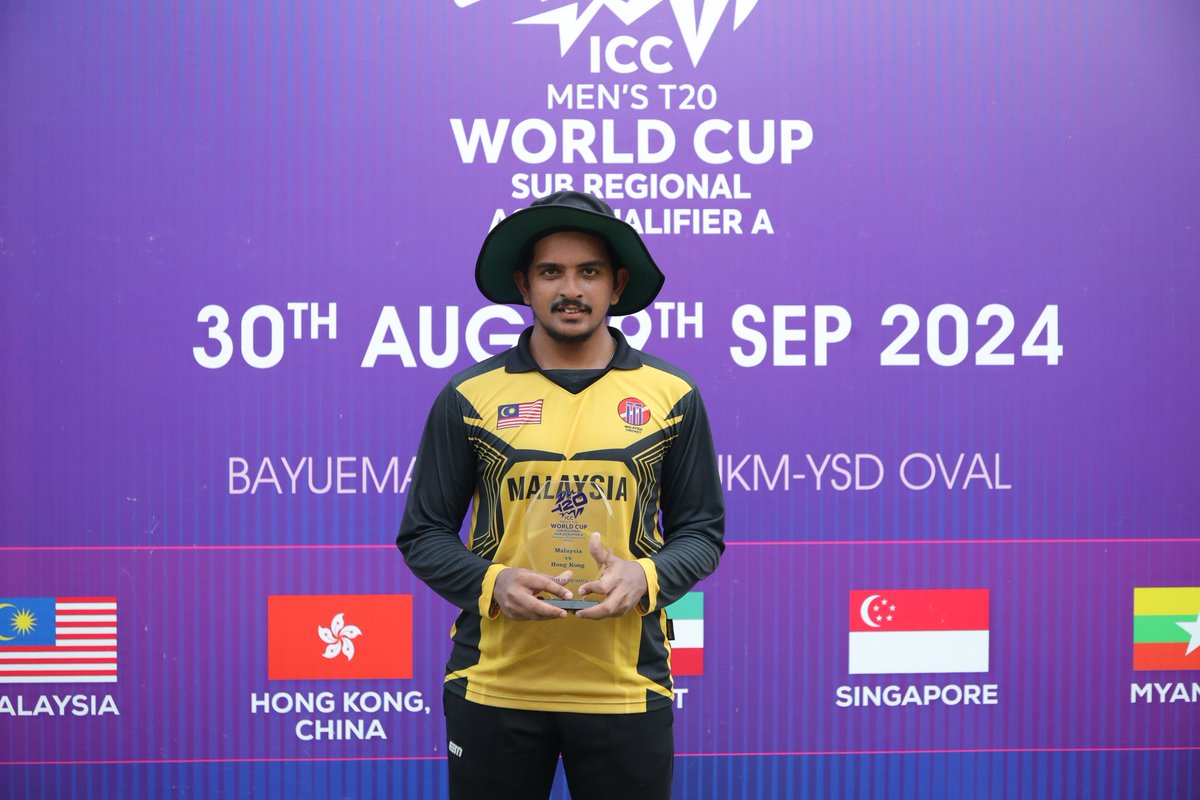 MalaysiaCricket's tweet photo. π Our captain, Syed Aziz is the 'Player of the Match'.
He opened the innings with 40(30) and changed the course of the match with the spell of 4/9
π₯ Captain leading from the front !
π· ICC
#T20WorldCup | #AsiaQualifierA | #MASvsHK https://t.co/X3iIJIH3BR
