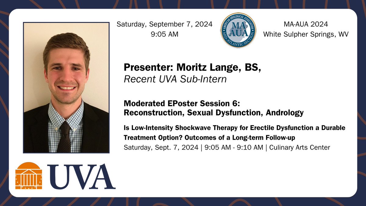 uvaurology's tweet photo. Good morning to everyone at @MidAtlanticAUA! Grab your coffee and head over to our recent #subintern Moritz Lange's poster on #shockwavetherapy for #erectiledysfunction. Moritz - your #UVAurology colleagues are cheering you on! #streamteam #urology #MAAUA24 #menshealth https://t.co/SXCJOSGpij