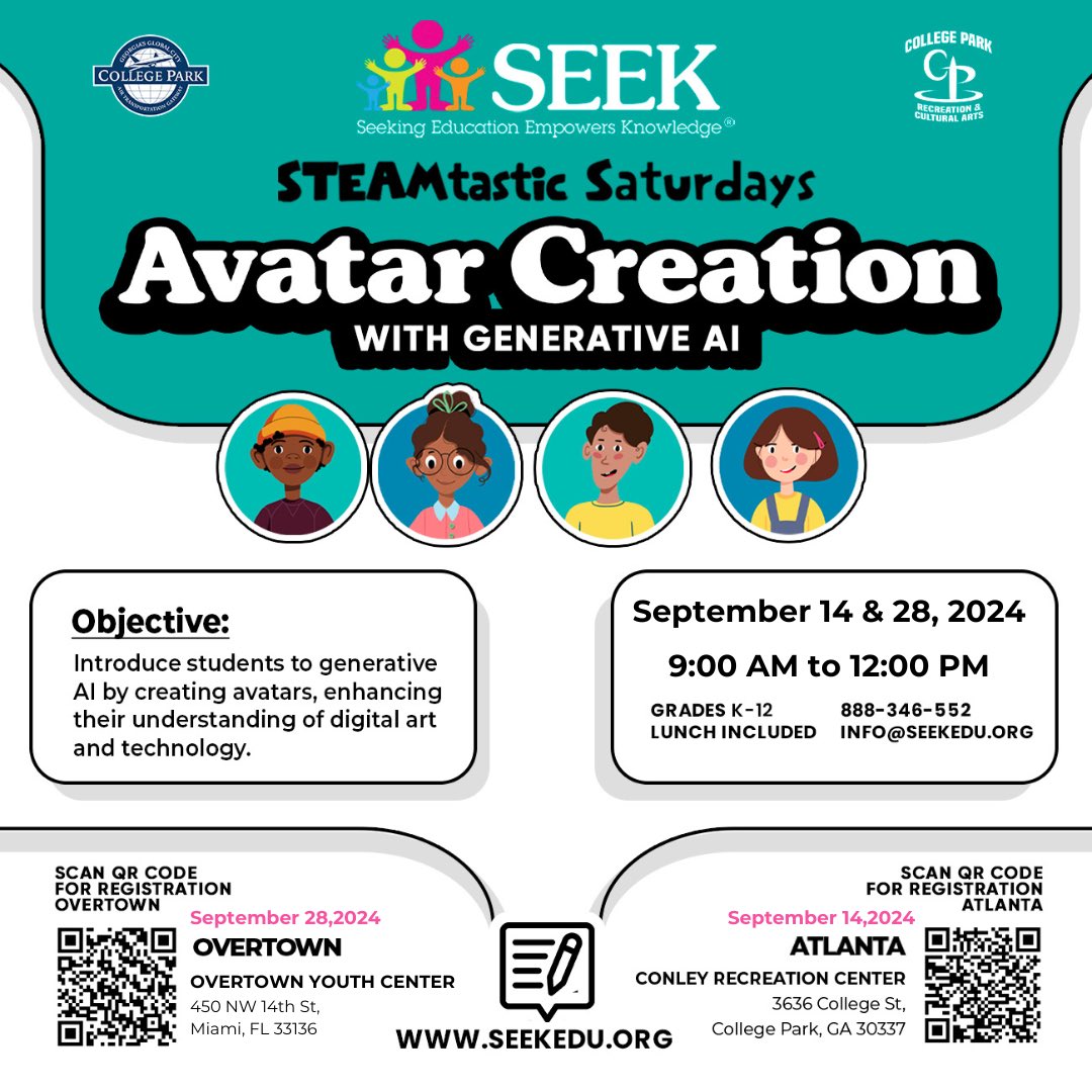🌟 Join us for STEAMtastic Saturdays! 

🎨 Avatar Creation with Generative AI

✨ Objective: Dive into the world of generative AI by creating your own avatars! Enhance your understanding of digital art and technology.

🔗 More info: seekedu.org