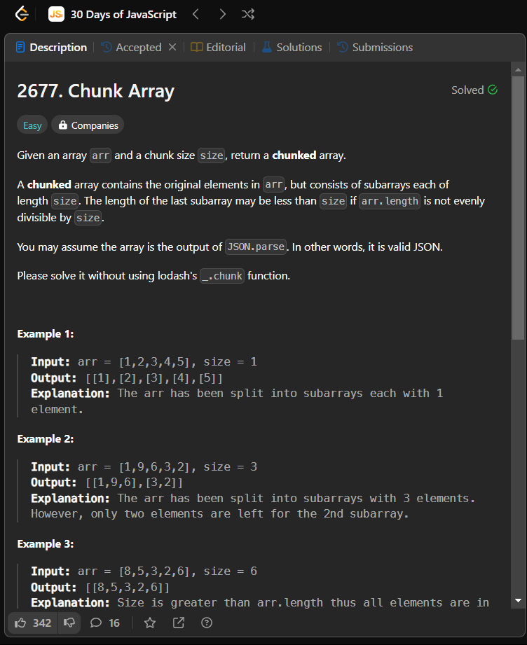 Undrrtd__'s tweet photo. Hello Developers,
🎉 Days 19 of the #30Days of JavaScript Challenge

Today's Challenge: "Chunk Array"
🧩 Difficulty Level: Easy

Let's dive in and conquer this challenge! 💪✨ https://t.co/8I2ONgev3a
