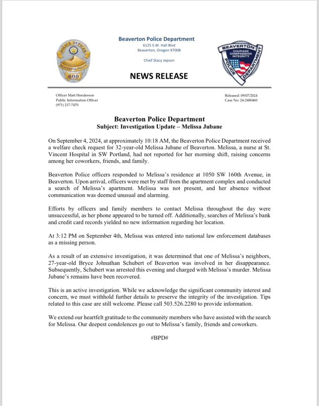 Missing Person - Melissa Jubane Investigation Update