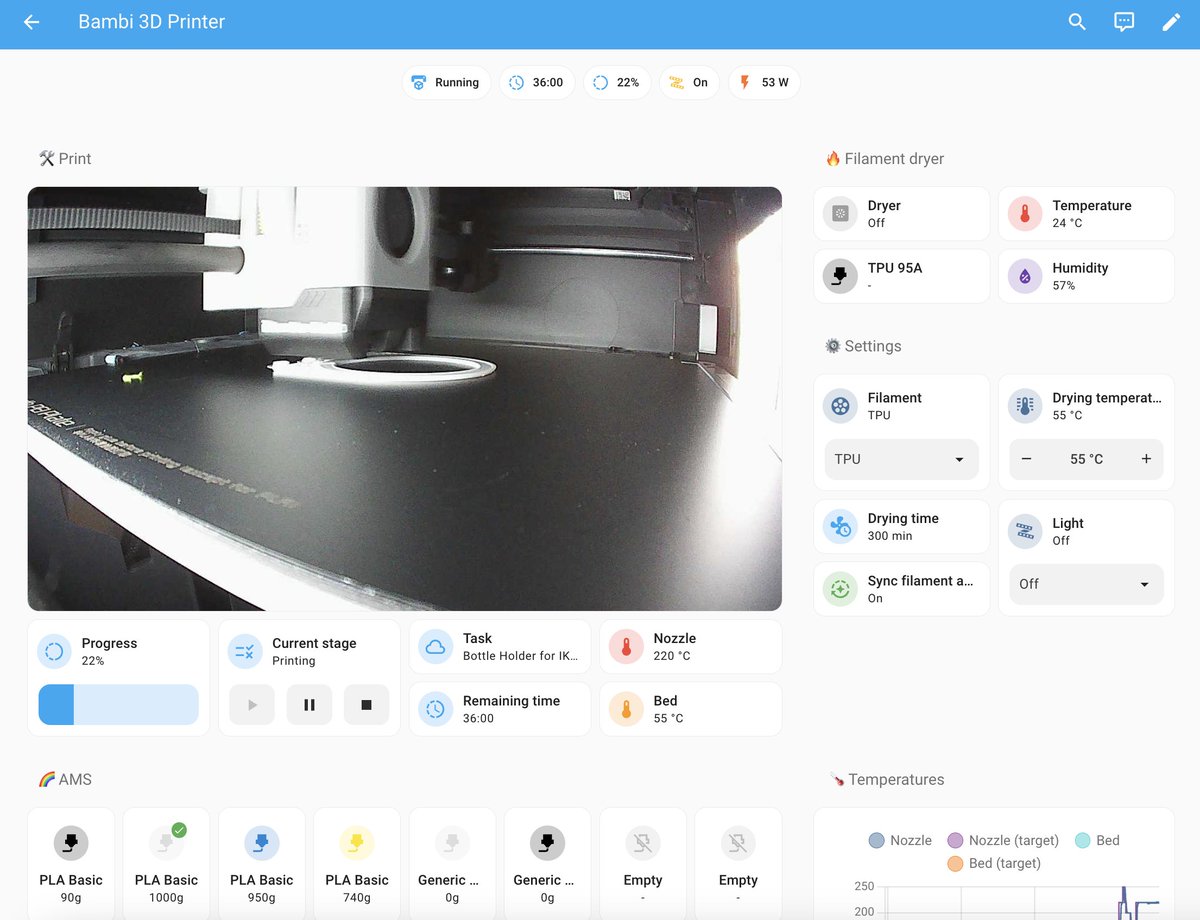 I just redid my 3D printer dashboard in <a href="/home_assistant/">Home Assistant</a> using "sections" view and resizable sections introduced in the latest 2024.9 update. 🎉
I can now easily monitor the print and my filament dryer at the same place 😎