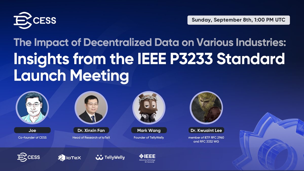 CESS_Storage's tweet image. Join us for an insightful space on “The Impact of Decentralized #Data on Various Industries: Insights from the #IEEE P3233 Standard Launch Meeting” 🌐#AI #DePIN

📅 Sunday, September 8th, 1:00 PM UTC
🎧 

Featuring:
👤 Joe, Co-founder of #CESS - @Joe_CESS…