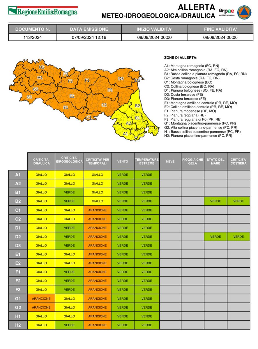 AllertaMeteoRER's tweet photo. #AllertaMeteoER 
Dalle 00:00 del 08/09/2024 alle 00:00 del 09/09/2024
ARANCIONE per criticità #idraulica e #temporali;
GIALLA per criticità #idraulica, #idrogeologica e #temporali.
➡️ https://t.co/aYzLp4Reap

#08settembre #allertaARANCIONE #allertaGIALLA https://t.co/dqkTTUlwf2