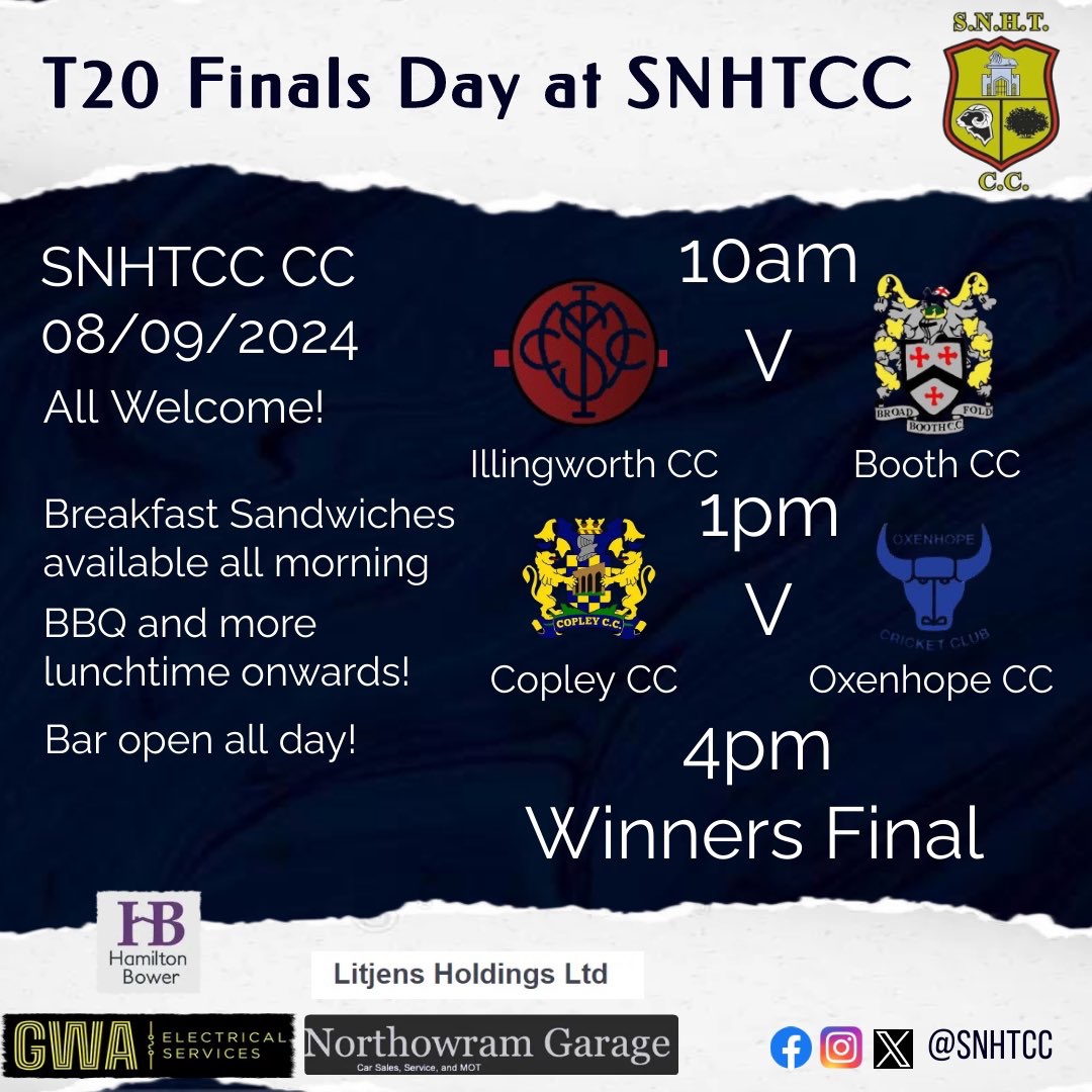 HalifaxCricketLeague (@halifaxcl) on Twitter photo This is the running order for <a href="/vocation/">vocation</a> T20Trophy Finals please support hosts <a href="/SNHTCC/">Shelf Northowram Hedge Top CC</a> who are providing full bar, refreshments and catering. Good luck to <a href="/Booth_CC/">Booth Cricket Club</a> <a href="/IllingworthCC/">Illingworth St Mary’s CC</a> <a href="/CopleyCC/">Copley Cricket Club</a> & <a href="/OxenhopeCricket/">Oxenhope Cricket Club</a> may the best team emerge victorious 🤞for the weather on Sunday 🏏🏆⛅️ This is the running order for <a href="/vocation/">vocation</a> T20Trophy Finals please support hosts <a href="/SNHTCC/">Shelf Northowram Hedge Top CC</a> who are providing full bar, refreshments and catering. Good luck to <a href="/Booth_CC/">Booth Cricket Club</a> <a href="/IllingworthCC/">Illingworth St Mary’s CC</a> <a href="/CopleyCC/">Copley Cricket Club</a> & <a href="/OxenhopeCricket/">Oxenhope Cricket Club</a> may the best team emerge victorious 🤞for the weather on Sunday 🏏🏆⛅️