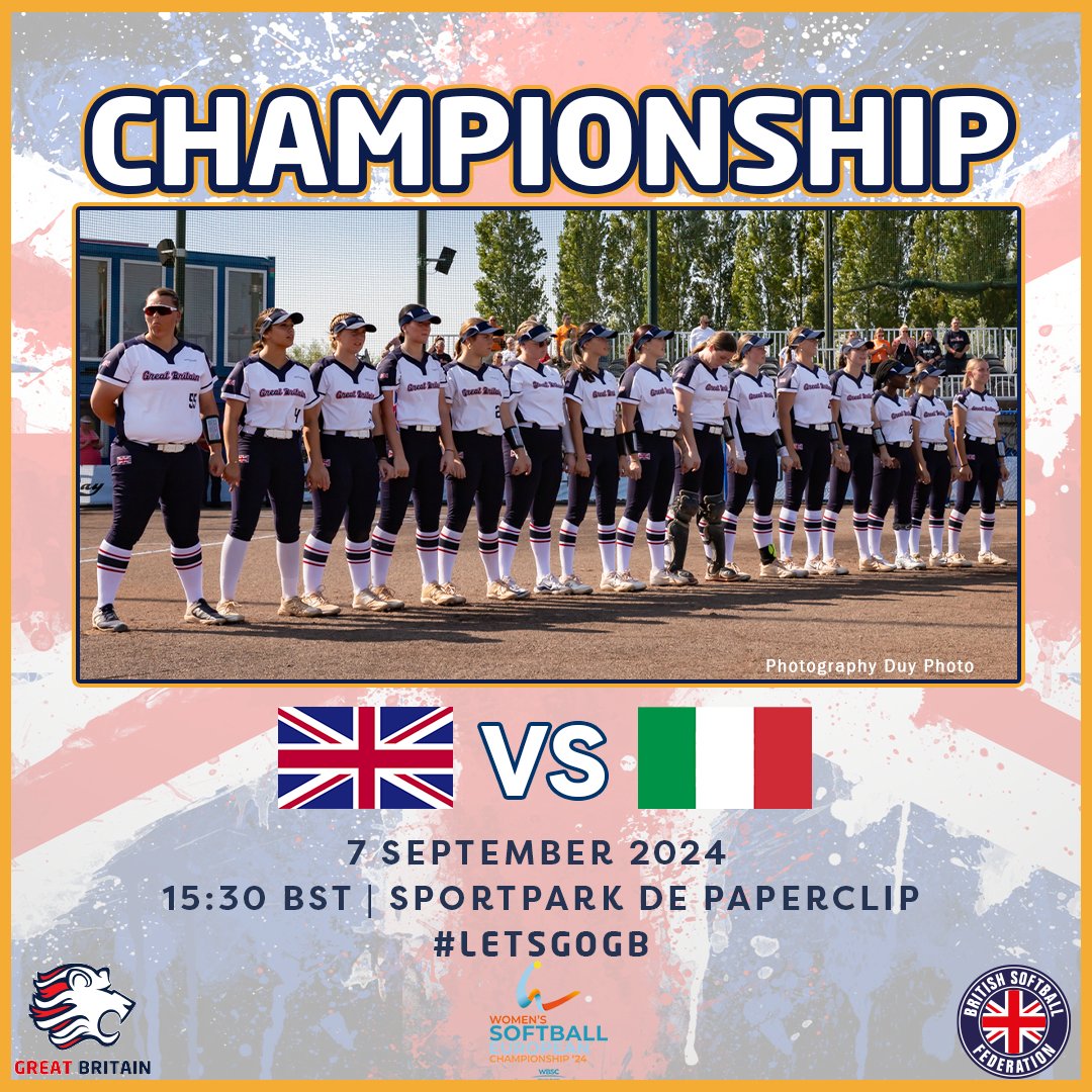 Playing for the European Title! 

🏆 European Softball Title 
📍 Sportpark de Paperclip, Utrecht
🆚 @fibspress 🇮🇹
🕰️ 15:30 BST
📺 SoftballEurope.TV
#️⃣ #WhyNotGb 
📷 Photography Duy