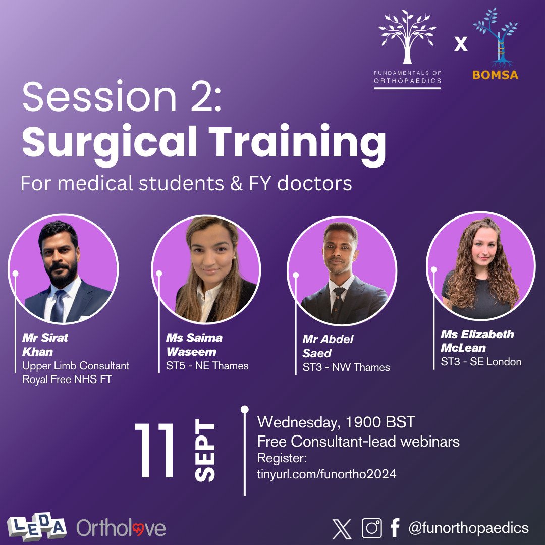 Fundamentals of Orthopaedics (@funorthopaedics) on Twitter photo π¨π¨π¨ Calling all med students & FYs π¨π¨π¨
Join us for session 2 of 2 with <a href="/BOMSA_UK/">British Orthopaedic Medical Students Association</a> on Surgical Training on 11th Sept 2024 at 7 pm
Tips and tricks for navigating through surgical training will be sharedπ For future orthopods!!!
Register on tinyurl.com/funortho2024 π¨π¨π¨ Calling all med students & FYs π¨π¨π¨
Join us for session 2 of 2 with <a href="/BOMSA_UK/">British Orthopaedic Medical Students Association</a> on Surgical Training on 11th Sept 2024 at 7 pm
Tips and tricks for navigating through surgical training will be sharedπ For future orthopods!!!
Register on tinyurl.com/funortho2024