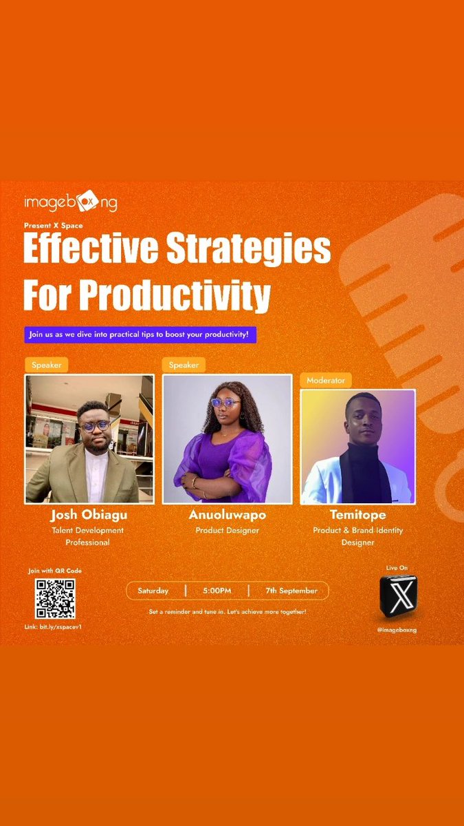 Hello, Creatives! 🌟 

We're gearing up for an exciting deep dive on Twitter Live Space, where we’ll explore Effective Strategies for Productivity with some truly inspiring speakers.  Make it a date by 5pm.
#imageboxng #CreativeCommunity #ProductivityBoost #livecall