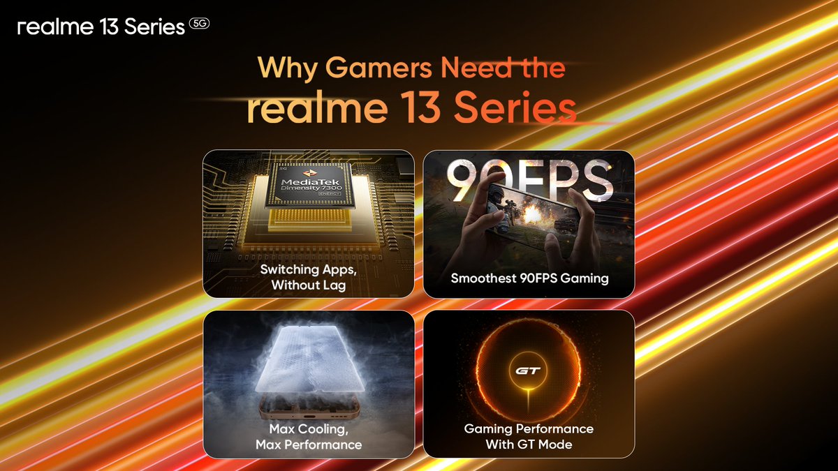 realmeIndia's tweet photo. Overheating slowing you down? #realme13Plus5G is here to rescue your gaming sessions. 

Built for gamers with MediaTek Dimensity 7300E for seamless app switching, smooth 90FPS gaming &amp; GT mode #SpeedAhead 

Buy now: https://t.co/83Yw4D8IGO 
#UnmatchedSpeed #realme13Series5G https://t.co/vum0CmC2Vh