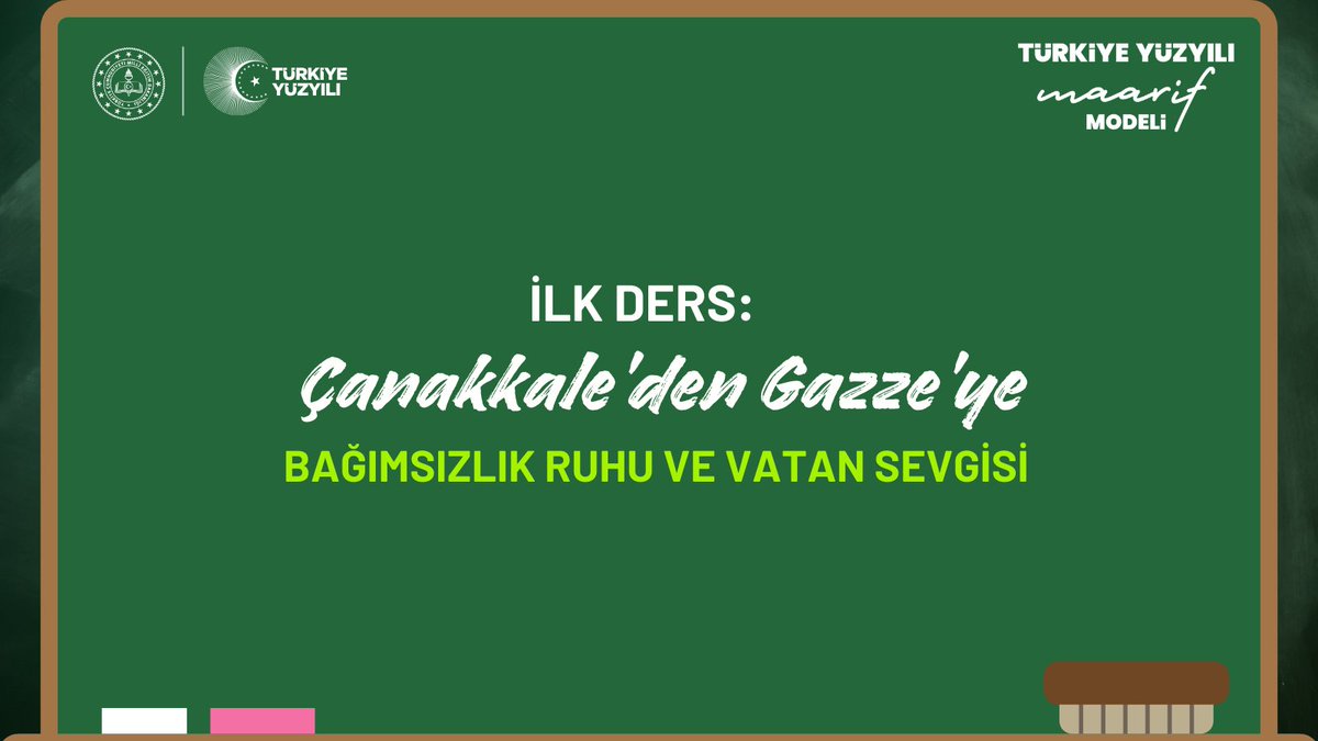 2024-2025 Eğitim Öğretim yılının ilk haftasının ilk dersi “Çanakkale’den Gazze’ye Bağımsızlık Ruhu ve Vatan Sevgisi” teması ile işlenecek. Ders planlarına aşağıda yer alan web sayfamızdan ulaşabilirsiniz. 
#ÇanakkaledenGazzeye  <a href="/tcmeb/">Millî Eğitim Bakanlığı</a> 

👇Ders Planları: 
meb.ai/mZ4o3b