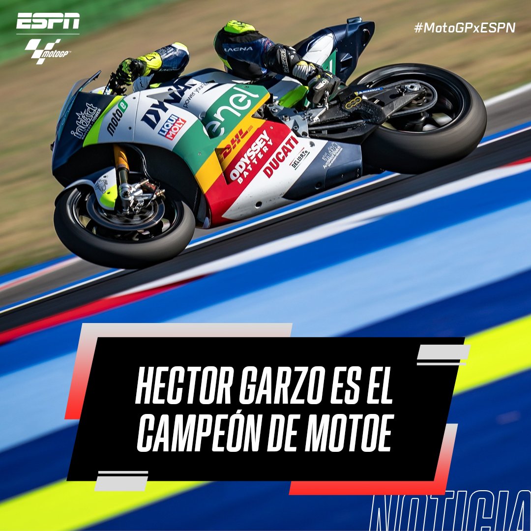 MotoGP_ESPN's tweet photo. ¡CAMP𝗘ÓN! Hector #Garzo se quedó con el título en la categoría de motos eléctricas. El valenciano logró ser inalcanzable en el campeonato tras la disputa de la primera carrera en #Misano. ¡Felicitaciones! 👏 https://t.co/rd2EM7afkC