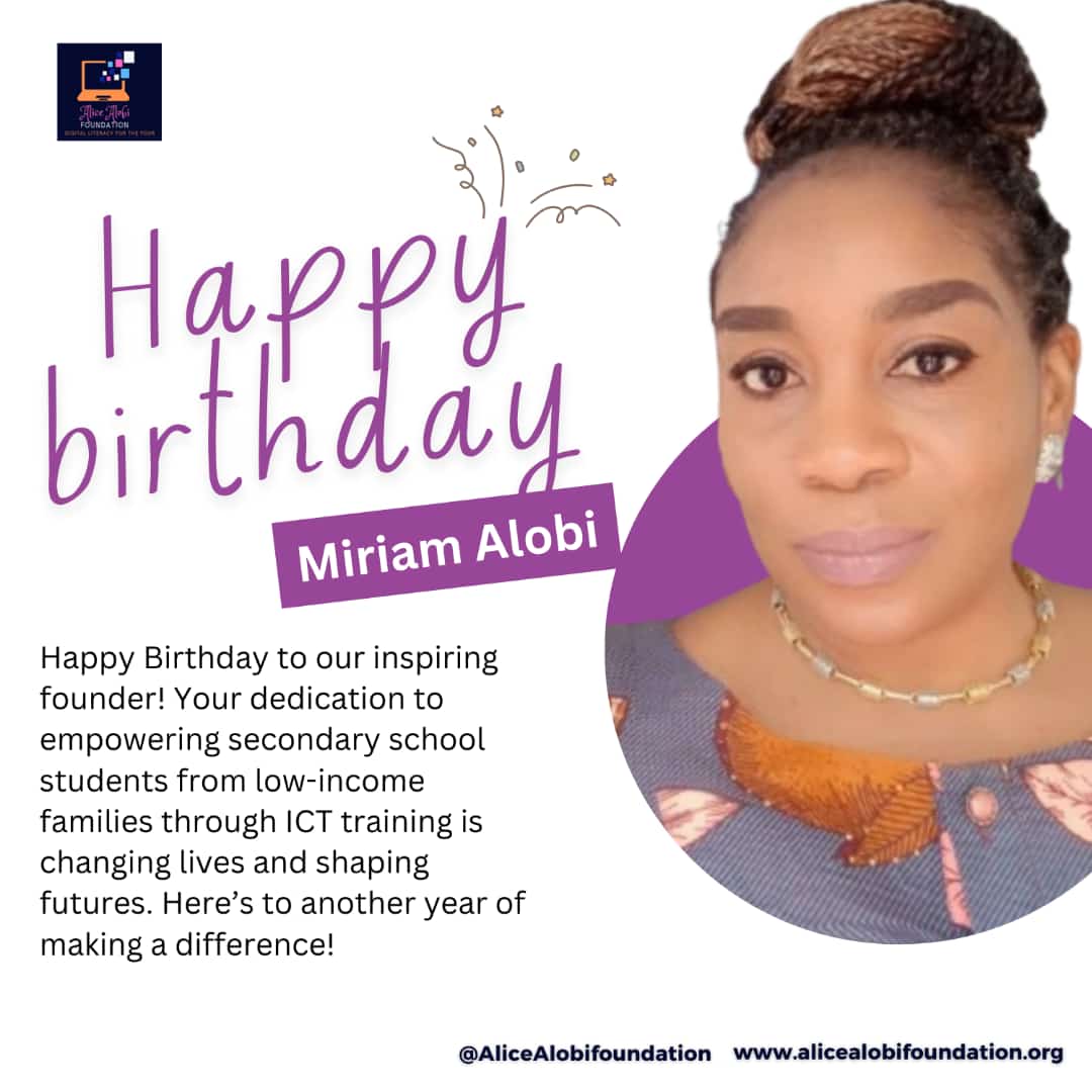 Your unwavering dedication, passion, and leadership have not only shaped Alice Alobi Foundation but have also touched countless lives. Your vision for a better world inspires us every day. 

Wishing you Ma'am a very happy birthday from all of us at Alice Alobi Foundation! 🎉