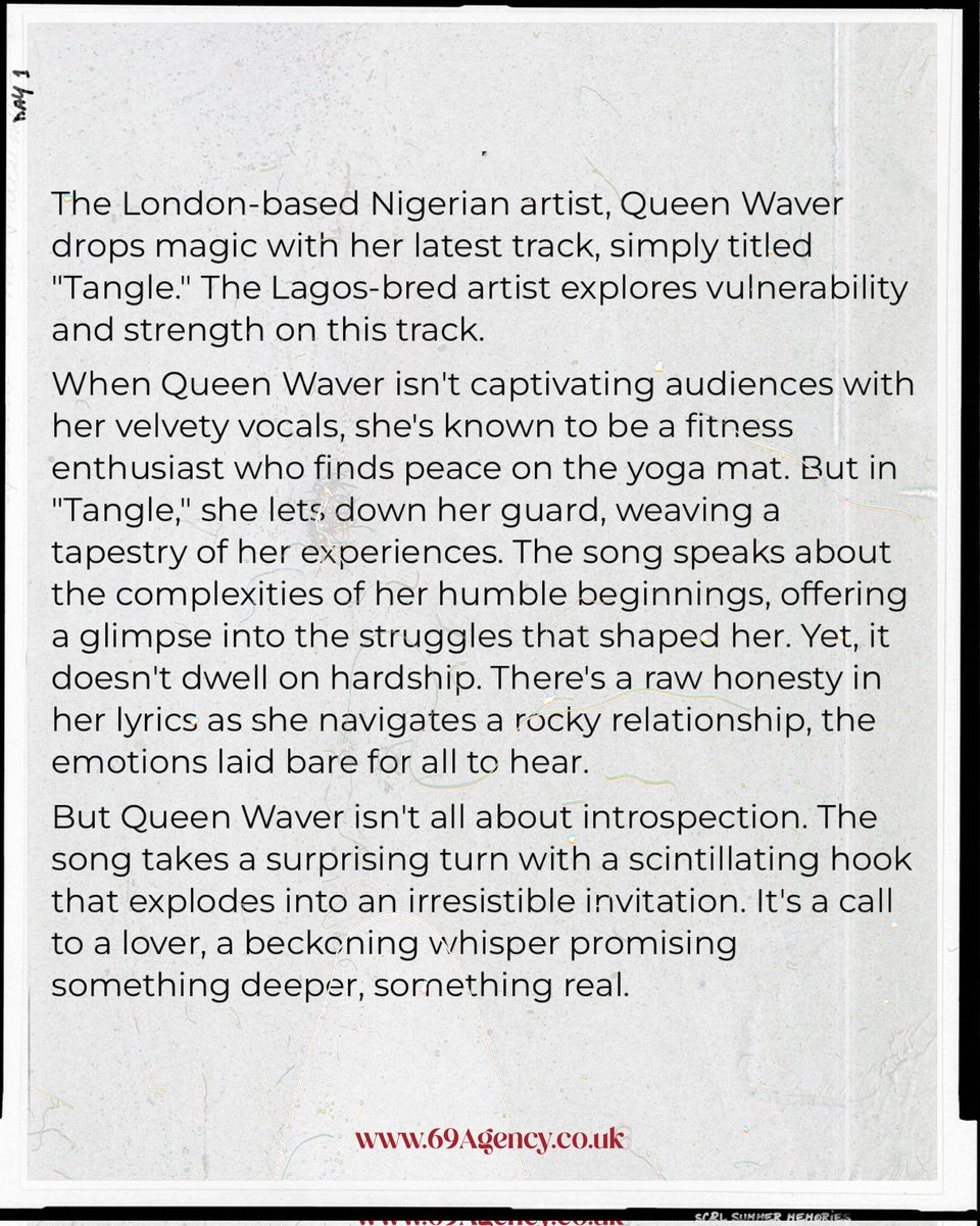 69agencyLtd's tweet photo. New music alert! π¨ Queen Waver is back with a fresh new track β"Tangle". You don't want to miss this.
With her velvety voice, the London-based fitness enthusiast takes a captivating dive into vulnerability and strength.
Give it a listen on our website
#NewMusic #69Agency https://t.co/dKuTOeRxnr