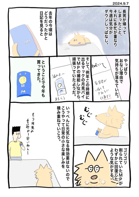 毎年進歩がない俺。月見パイあと5回は食べたい。日記をつけておくと未来の自分を助けてくれることがある。自分処方箋みたいなもの。 