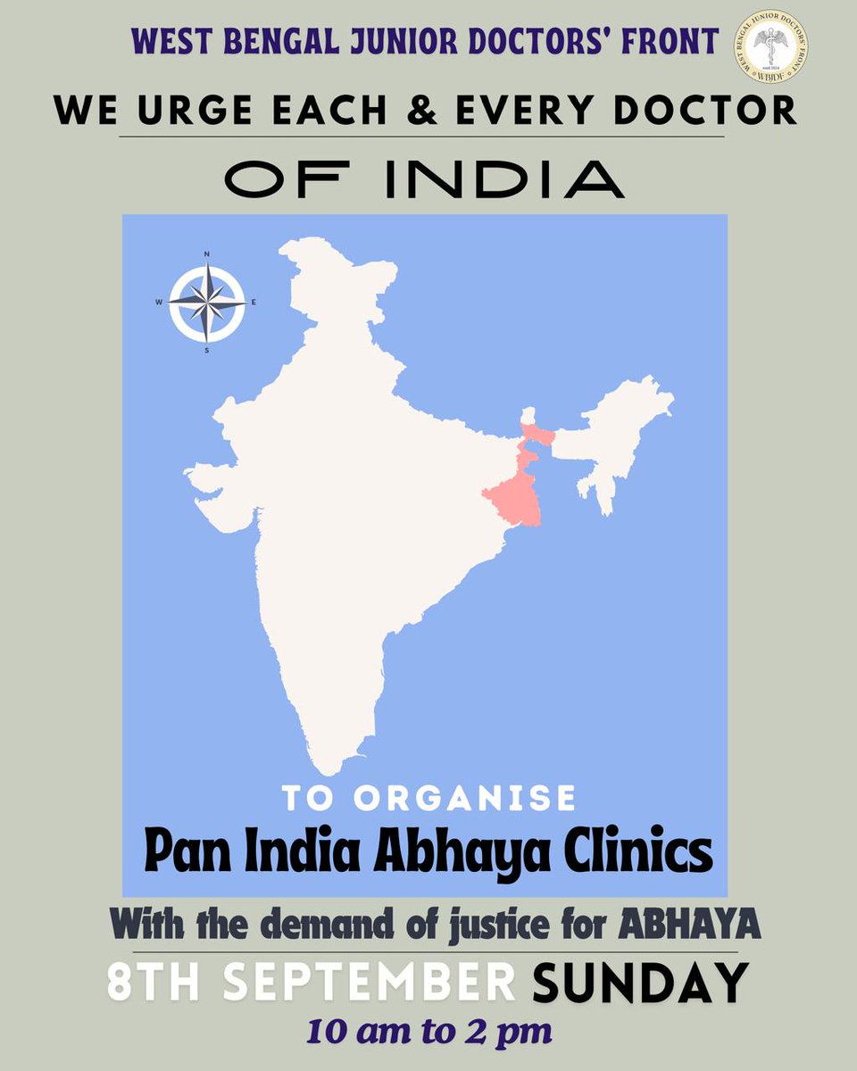 IamGopambuj's tweet image. Request from WBJDF to all the doctors of India !!! Please organise pan India abhaya clinic on 8/09/2024. 

#MedTwitter
#JusticeForAbhya #safety #Kolkata
