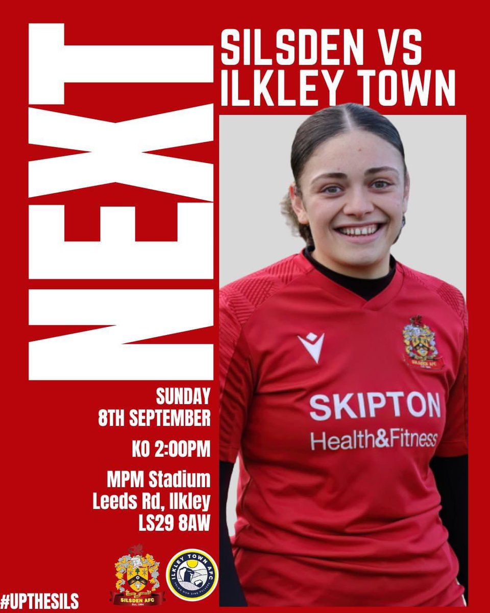 Next Match First League Game!

🆚 Ilkley Town AFC
🏆 League
🗓 Sunday 8th September 
⏰ 2 PM KO
🏟 MPM Stadium 
📍 LS29 8AW
🎟️ Free 

All support welcome!

Kindly sponsored by <a href="/GMB_union/">GMB Union</a> Skipton Health &amp; Fitness &amp; <a href="/Gasmech/">Gasmech (UK) Ltd</a> 

#UpTheSils #ourgametoo #thisgirlcan #OurGameOurPassion